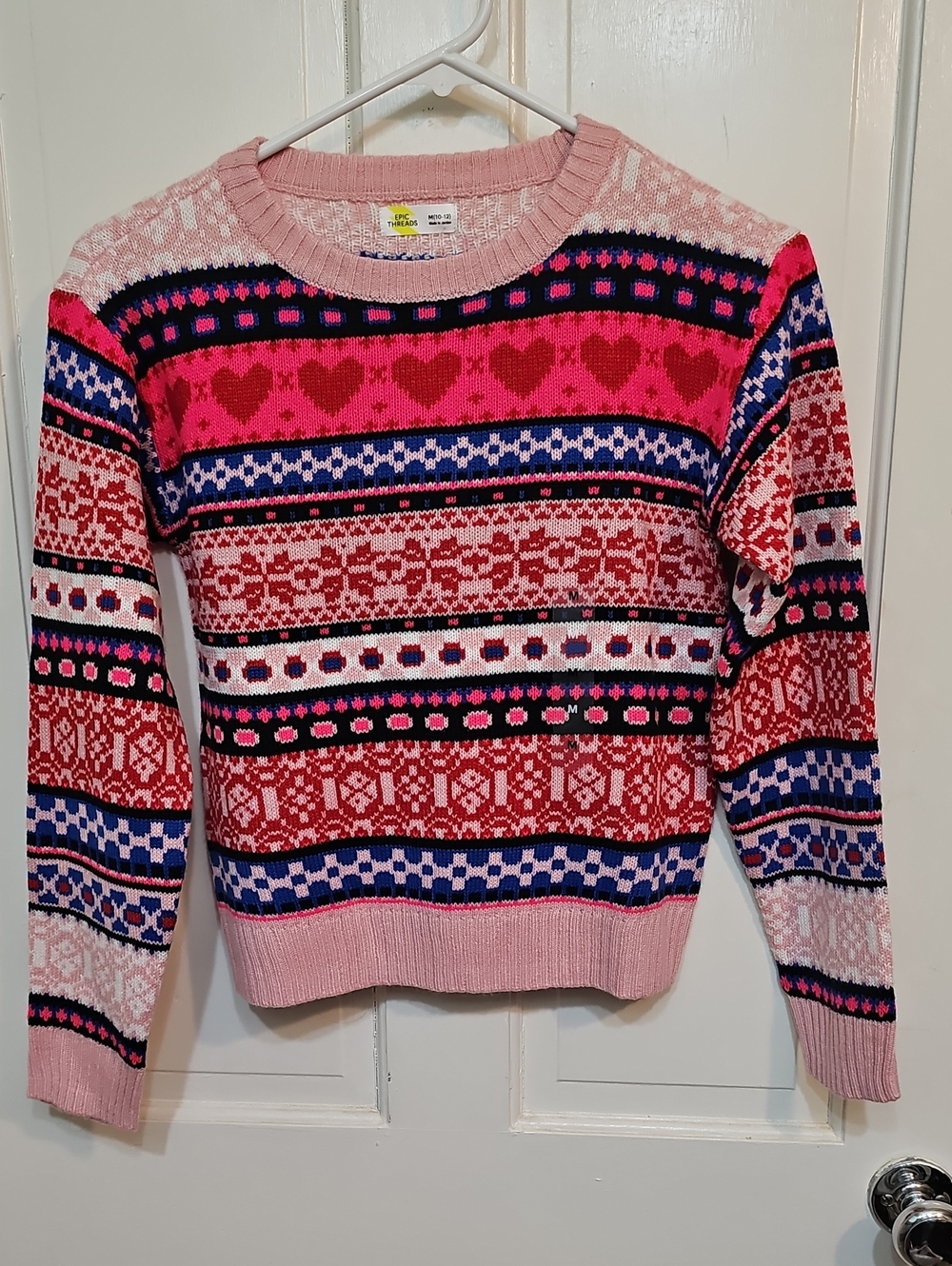 Epic Threads Pink & Red Fair Isle Heart Crewneck Sweater